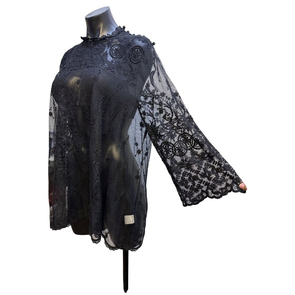 4 Love And Liberty Black Sheer Embroidered Lace Blouse w/Bell Sleeves Size XL - Picture 6 of 10